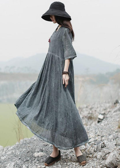 French V Neck Linen Clothes for Catwalk Gray Dress Summer