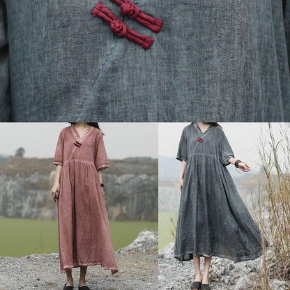 French V Neck Linen Clothes for Catwalk Gray Dress Summer