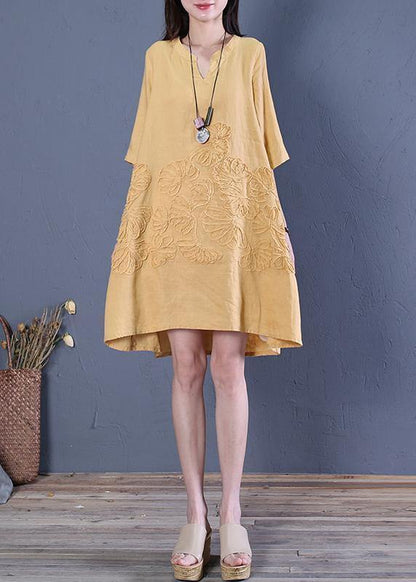 French V Neck Low High Design Linen Summer Dresses Shirts Yellow Dress