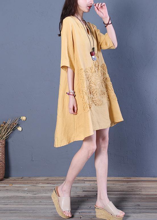 French V Neck Low High Design Linen Summer Dresses Shirts Yellow Dress
