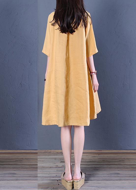 French V Neck Low High Design Linen Summer Dresses Shirts Yellow Dress