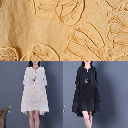 French V Neck Low High Design Linen Summer Dresses Shirts Yellow Dress