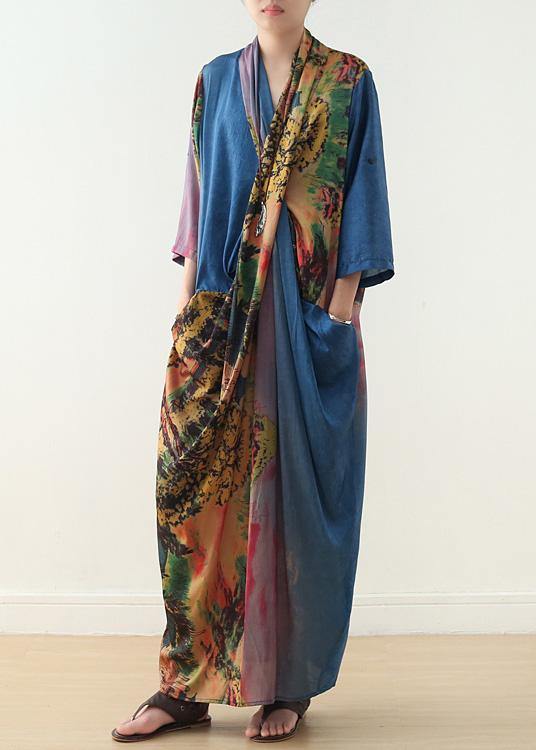 French V Neck Patchwork Chiffon Spring Blue Print Cotton Dresses