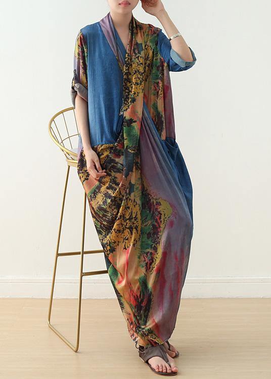 French V Neck Patchwork Chiffon Spring Blue Print Cotton Dresses