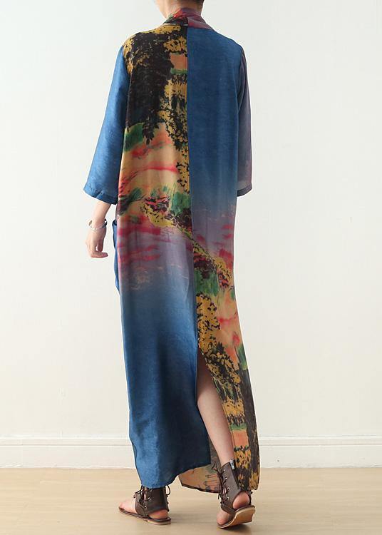 French V Neck Patchwork Chiffon Spring Blue Print Cotton Dresses