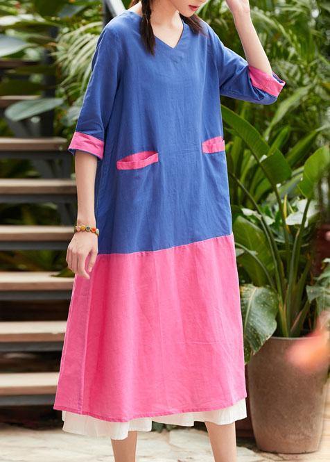 French V Neck Patchwork Linen Clothes for Blue Print Dress Summer