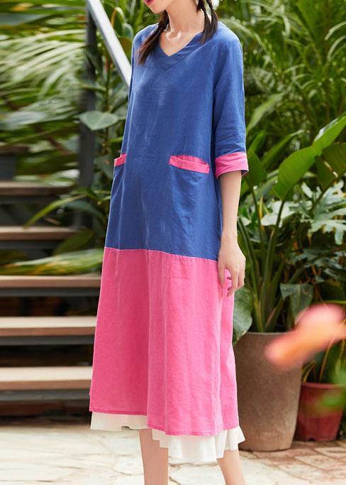 French V Neck Patchwork Linen Clothes for Blue Print Dress Summer