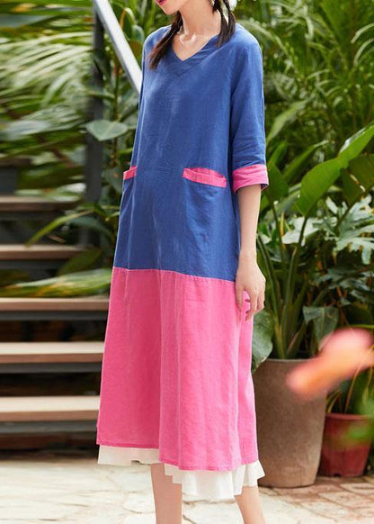 French V Neck Patchwork Linen Clothes for Blue Print Dress Summer