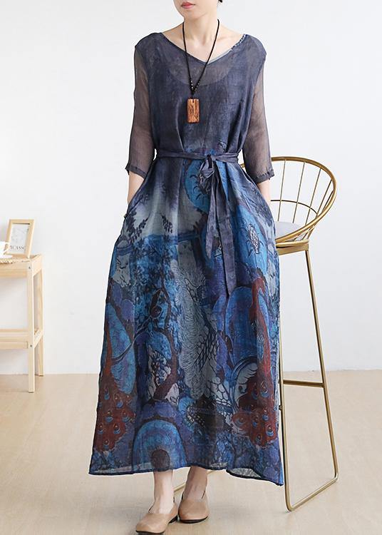 French V Neck Pockets Linen Summer Outfit Fabrics Blue Print Dress