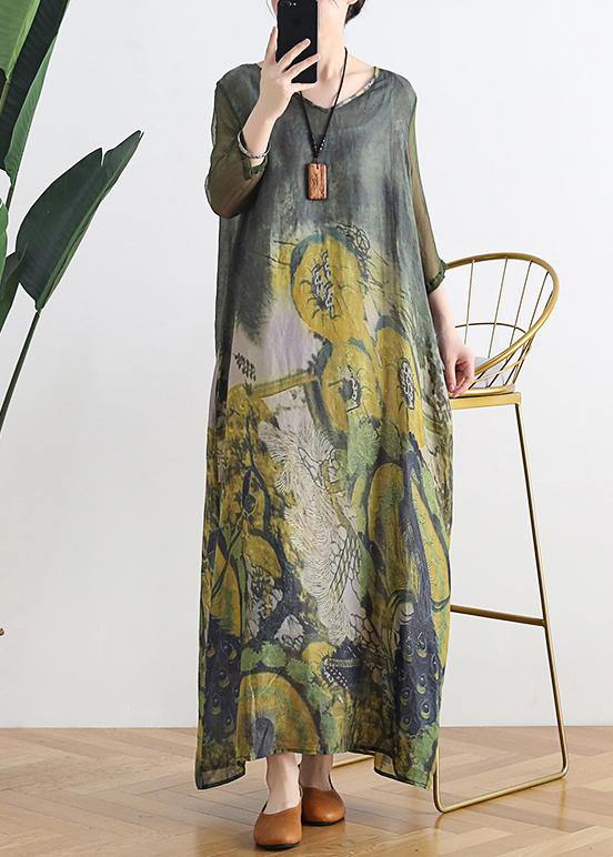 French V Neck Pockets Linen Summer Outfit Fabrics Blue Print Dress