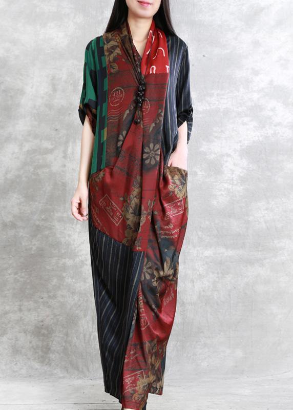French V Neck Pockets Summer Dresses Work Red Print Dresses