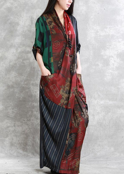 French V Neck Pockets Summer Dresses Work Red Print Dresses