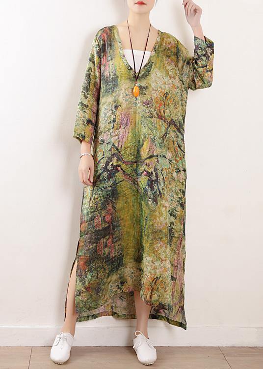 French V Neck Side Open Linen Clothes for Photography Green Print Dress