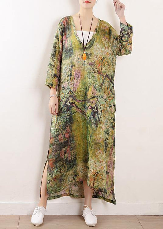 French V Neck Side Open Linen Clothes for Photography Green Print Dress