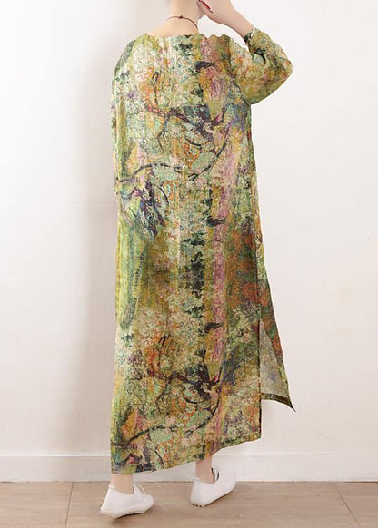 French V Neck Side Open Linen Clothes for Photography Green Print Dress