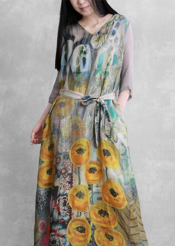 French V Neck Tie Waist Clothes Photography Yellow Print Dress