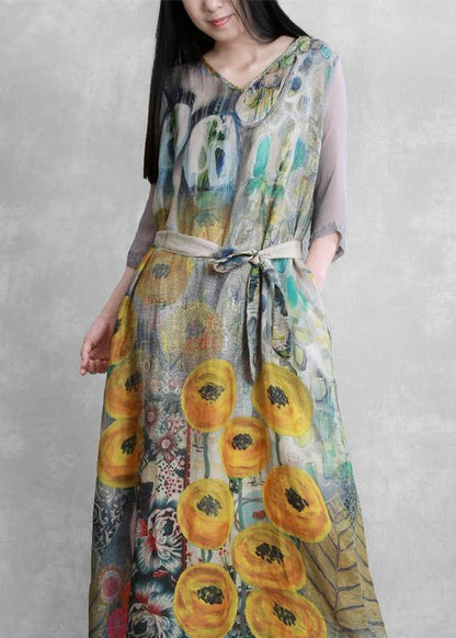 French V Neck Tie Waist Clothes Photography Yellow Print Dress