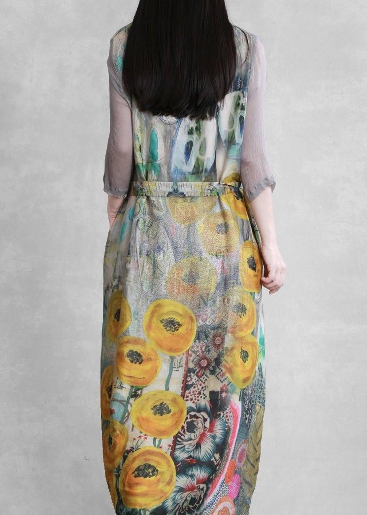 French V Neck Tie Waist Clothes Photography Yellow Print Dress