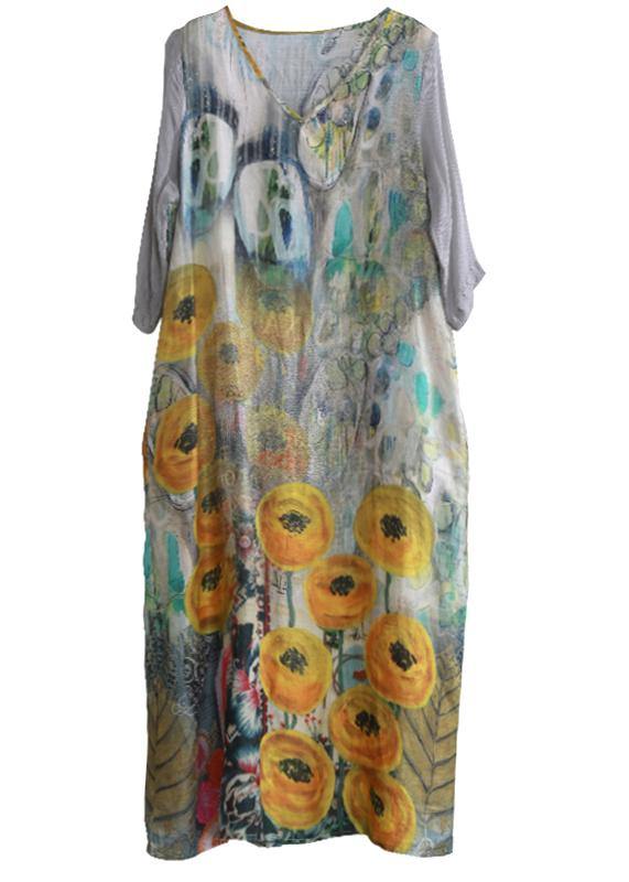 French V Neck Tie Waist Clothes Photography Yellow Print Dress