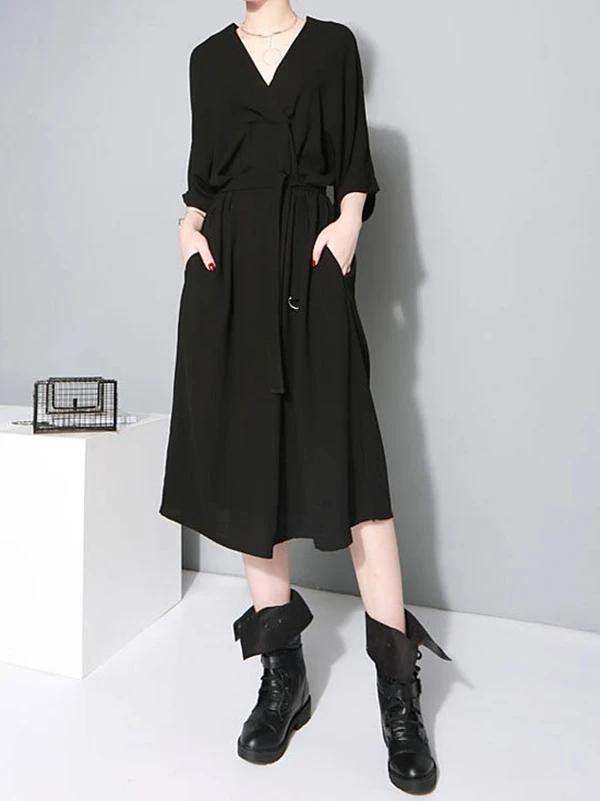 French V Neck Tie Waist Cotton Clothes for Neckline Black Robe Dresses