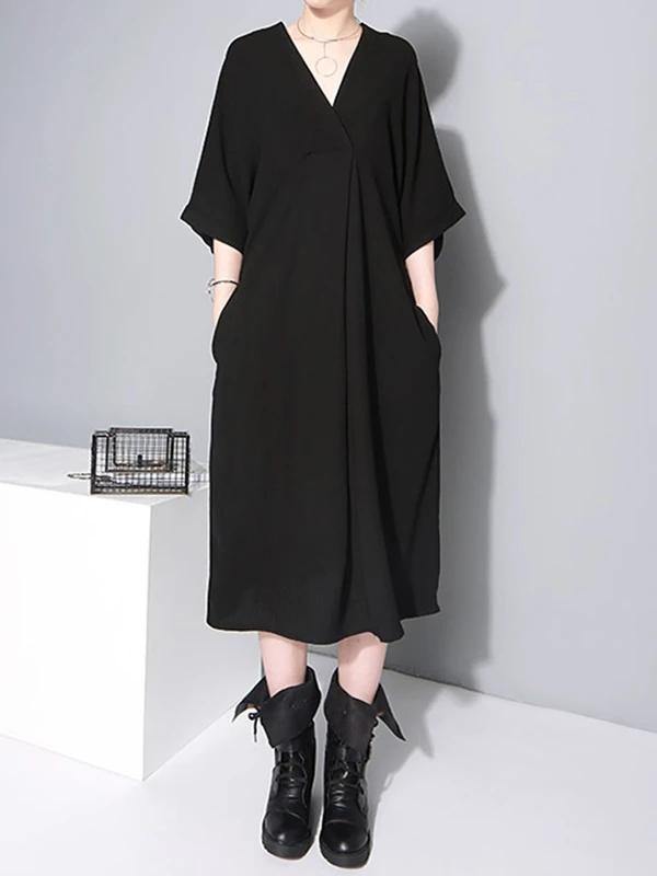 French V Neck Tie Waist Cotton Clothes for Neckline Black Robe Dresses