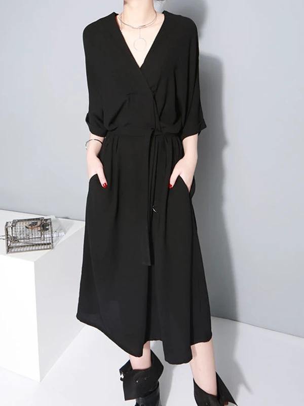 French V Neck Tie Waist Cotton Clothes for Neckline Black Robe Dresses