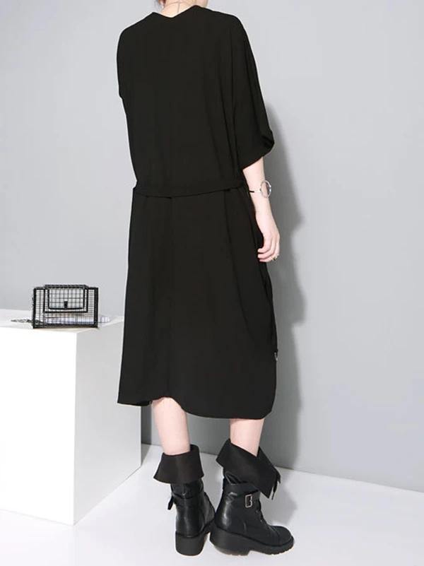 French V Neck Tie Waist Cotton Clothes for Neckline Black Robe Dresses