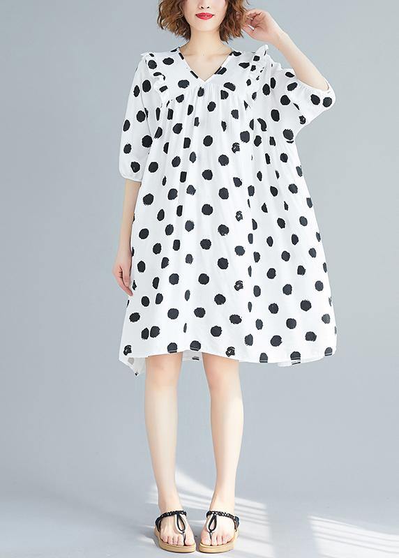 French V Neck Cinched Tunics Shirts White Dotted Dress Summer
