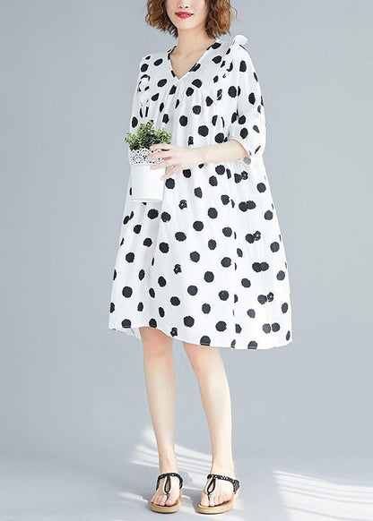 French V Neck Cinched Tunics Shirts White Dotted Dress Summer
