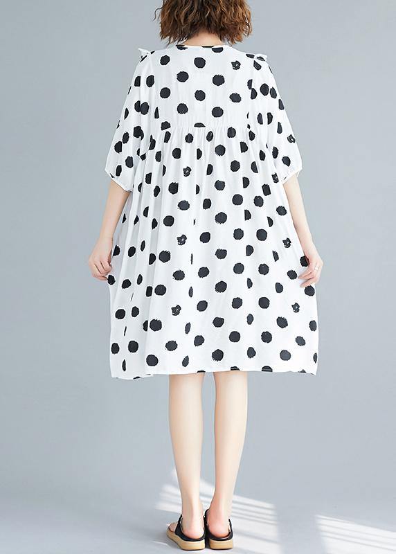 French V Neck Cinched Tunics Shirts White Dotted Dress Summer