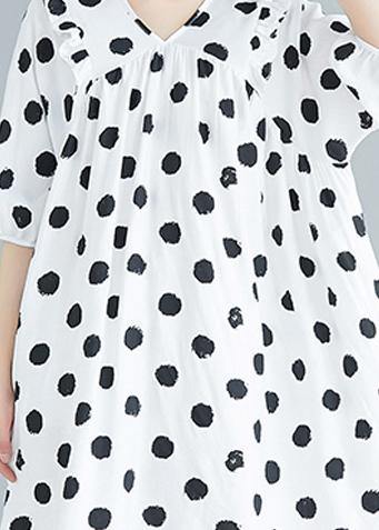 French V Neck Cinched Tunics Shirts White Dotted Dress Summer