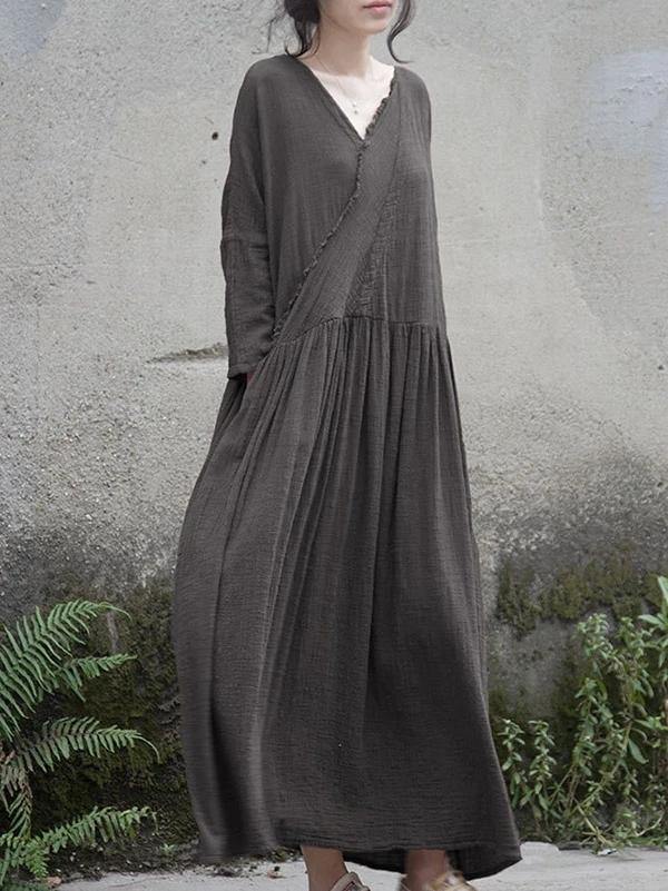 French V Neck Cinched Cotton Linen Dress Tutorials Gray Dress