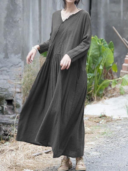 French V Neck Cinched Cotton Linen Dress Tutorials Gray Dress
