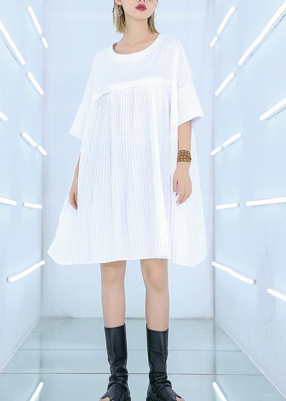 French White Cotton Dresses Fine Work Outfits O Neck Cinched Midi Summer Dress