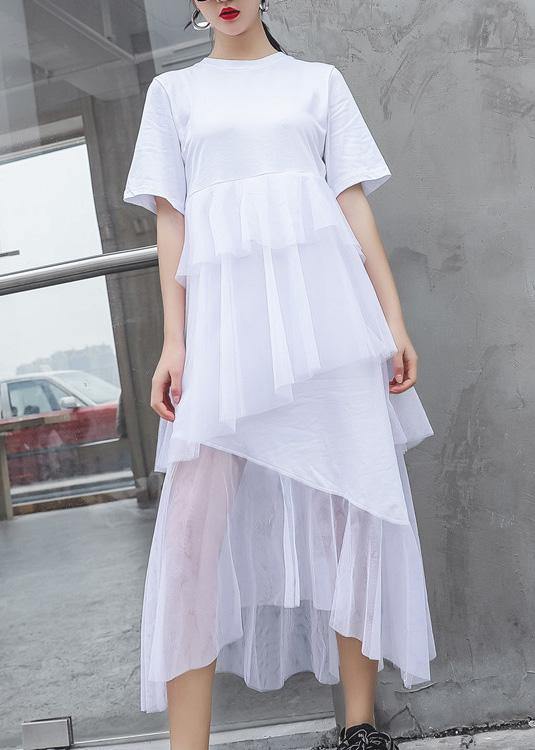 French White Cotton Tunic Patchwork Tulle Robe Summer Dresses