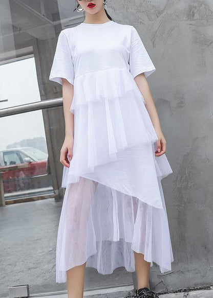 French White Cotton Tunic Patchwork Tulle Robe Summer Dresses