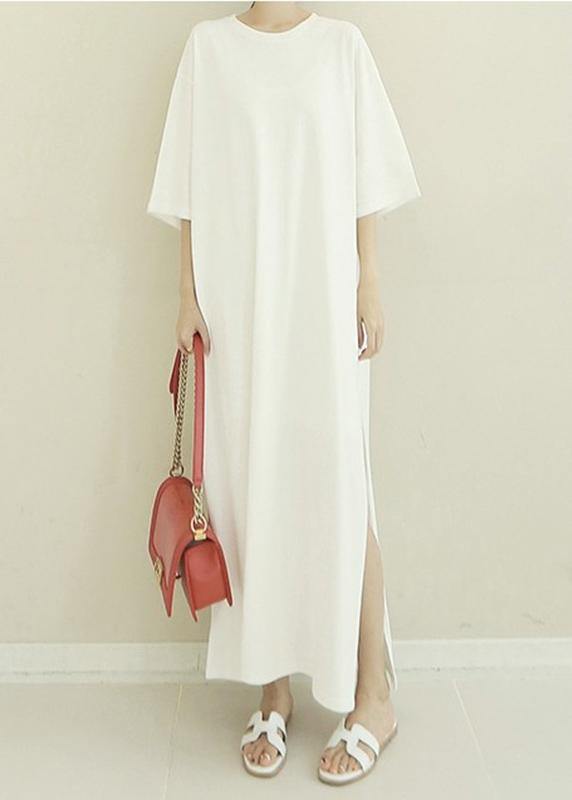 French White Cotton Quilting Clothes O Neck Side Open Maxi Dresses