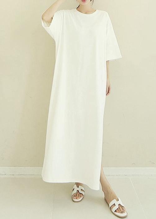 French White Cotton Quilting Clothes O Neck Side Open Maxi Dresses