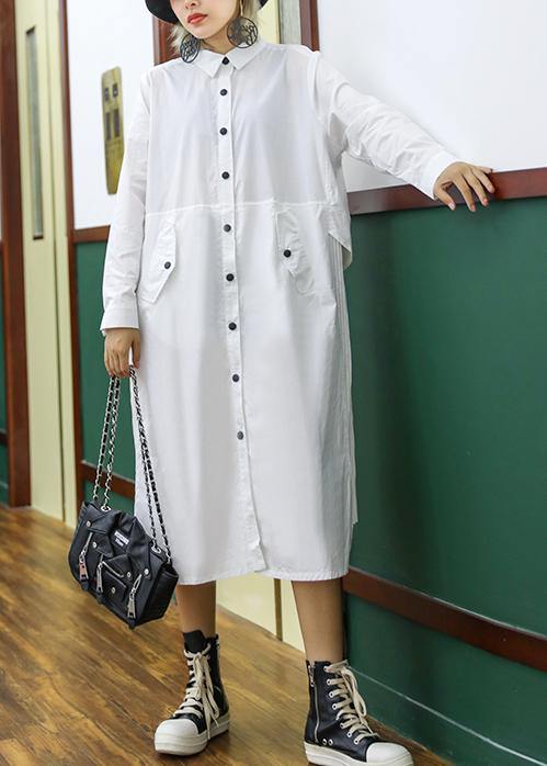 French White Cotton Shirt Dress Pattern Pockets Patchwork Maxi Lapel Dress