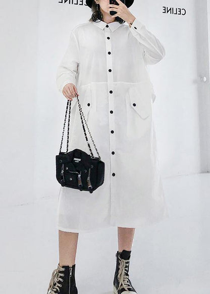 French White Cotton Shirt Dress Pattern Pockets Patchwork Maxi Lapel Dress