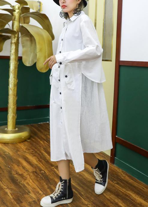 French White Cotton Shirt Dress Pattern Pockets Patchwork Maxi Lapel Dress