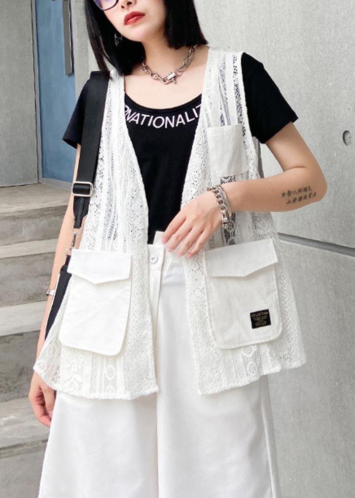 French White Cotton Top V Neck Pockets Clothing Tops