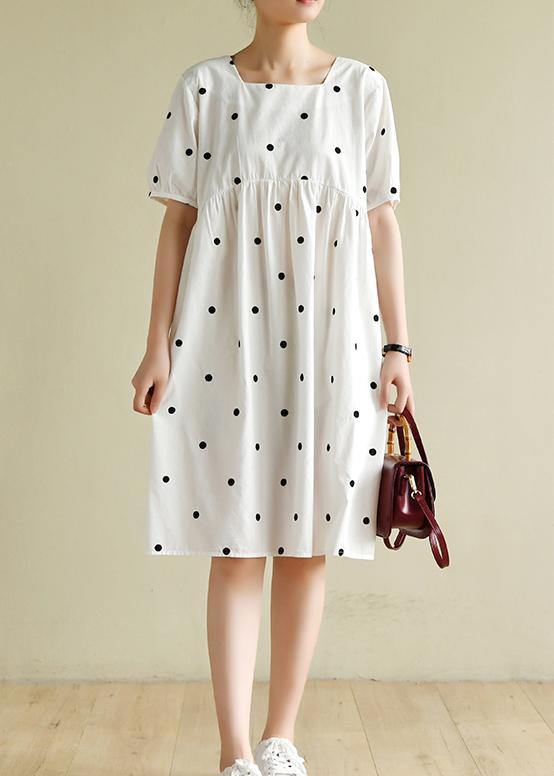 French White Dotted Clothes Square Collar Shift Dresses