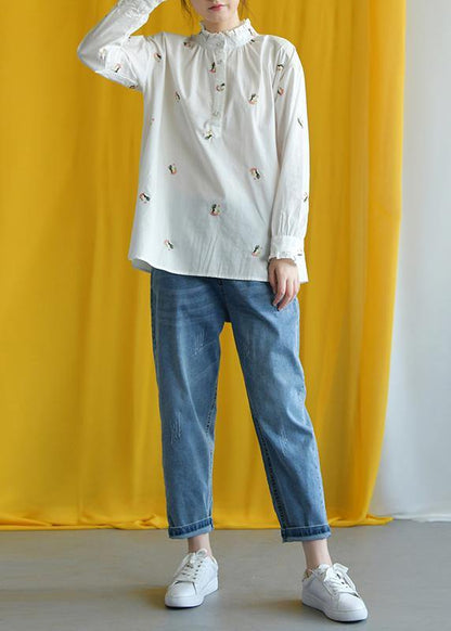 French white embroidery cotton crane tops stand collar Knee fall tops