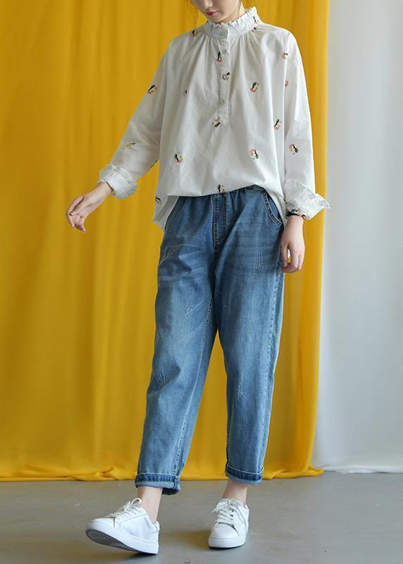 French White Embroidery Cotton Crane Tops Stand Collar Knee Fall Tops