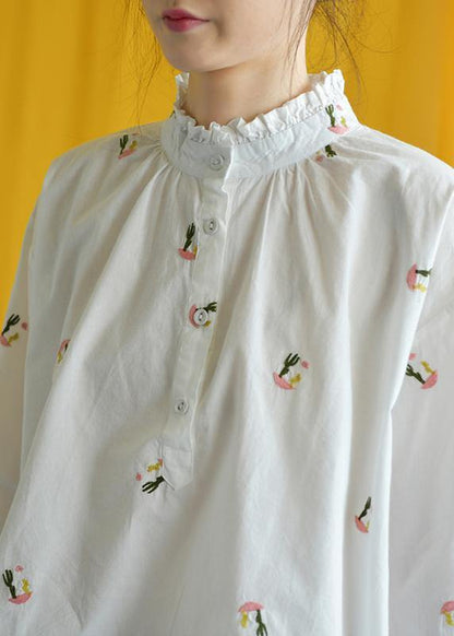 French white embroidery cotton crane tops stand collar Knee fall tops