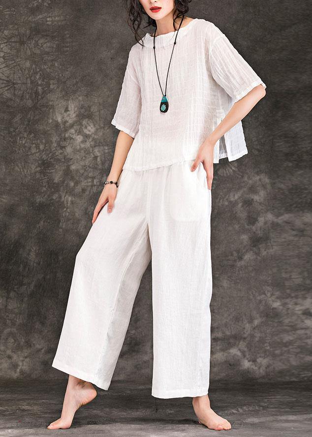 French White Linen Blouses for O Neck Half Sleeve Art Summer Shirts