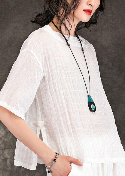 French White Linen Blouses for O Neck Half Sleeve Art Summer Shirts
