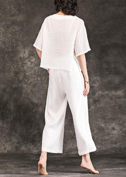 French White Linen Blouses for O Neck Half Sleeve Art Summer Shirts