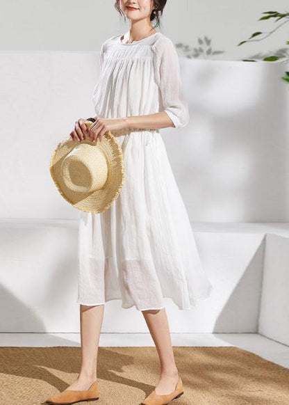 French White Linen Clothes for O Neck Half Sleeve Midi Summer Dress